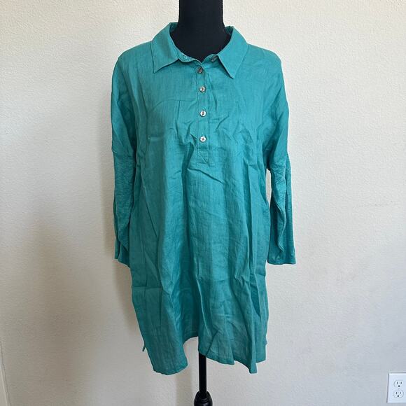 J Jill Top Large Tall Love Linen Teal Button Down Blouse Tunic Beachy Lagenlook - Picture 1 of 12